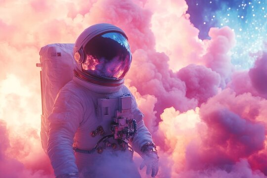 Astronaut explores a colorful cosmic landscape filled with vibrant clouds and shimmering stars