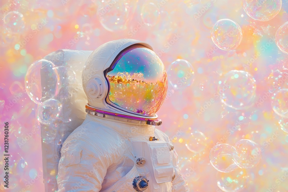 Poster astronaut in a colorful, dreamlike setting surrounded by bubbles under a pastel sky
