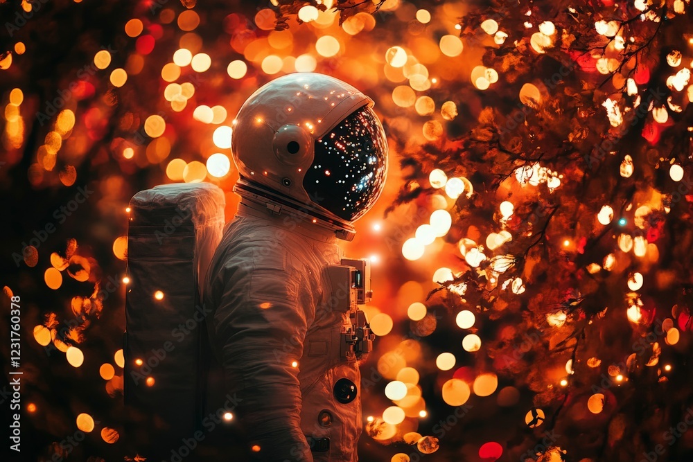 Poster astronaut exploring a glowing landscape filled with colorful lights and sparkles at night