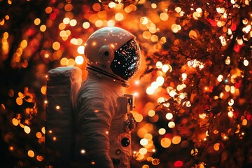 Astronaut exploring a glowing landscape filled with colorful lights and sparkles at night