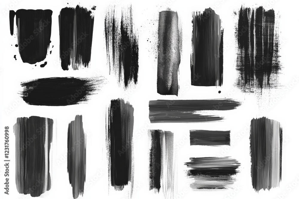 Poster various black and gray brush strokes showcasing textural diversity and artistic expression in abstra