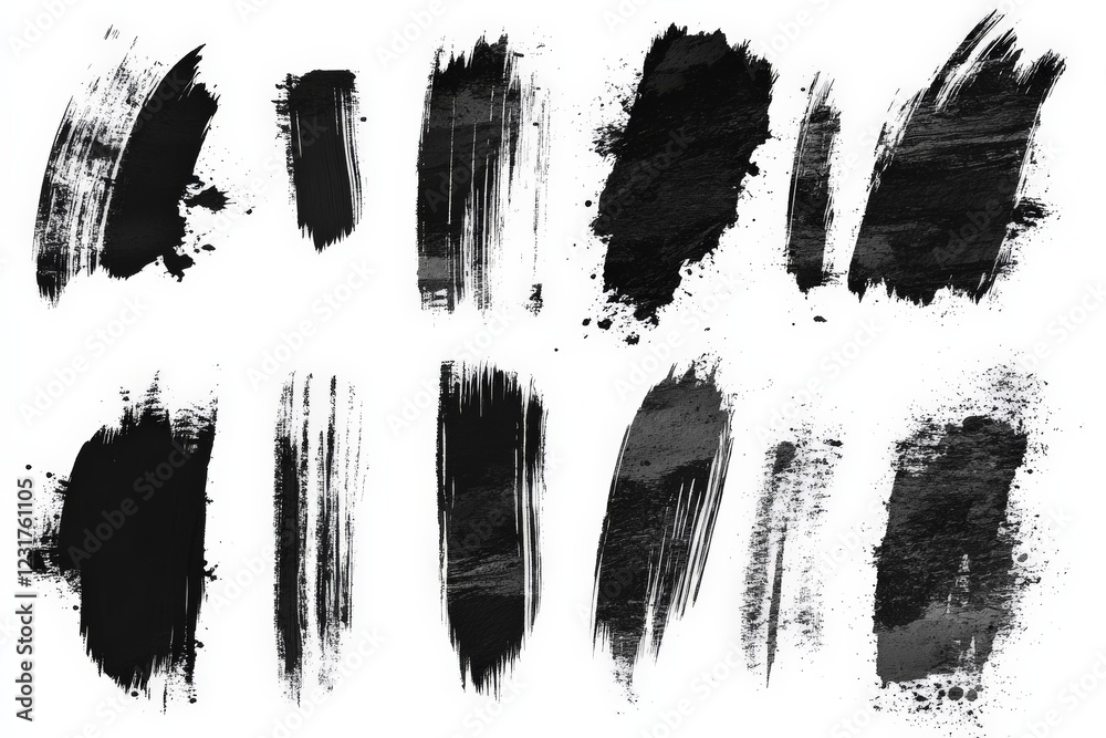 Poster various artistic black brush strokes displayed on a white background showcasing texture and creativi