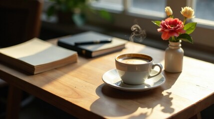 Warm sunlight illuminates a steaming cup of coffee, notebooks, and a small vase of flowers on a wooden table.