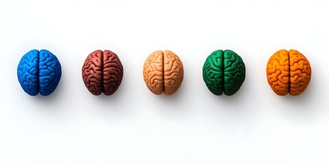 Obraz premium Five colorful brain models arranged in a row, each with a different color: blue, brown, beige, green, and orange. Concept Colorful Brain Models, Educational Display, Anatomy Study