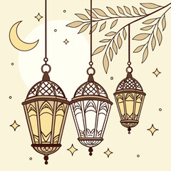 Create an illustration of Ramadan lanterns hanging with intricate patterns in a warm golden glow