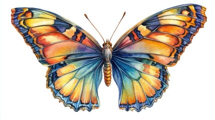 A soft watercolor butterfly illustration featuring vibrant rainbow-colored wings, floating on a white backdrop.