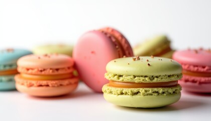 Fototapeta premium Delicious Pastel Macarons with Caramel Filling Close up Pastry Photography