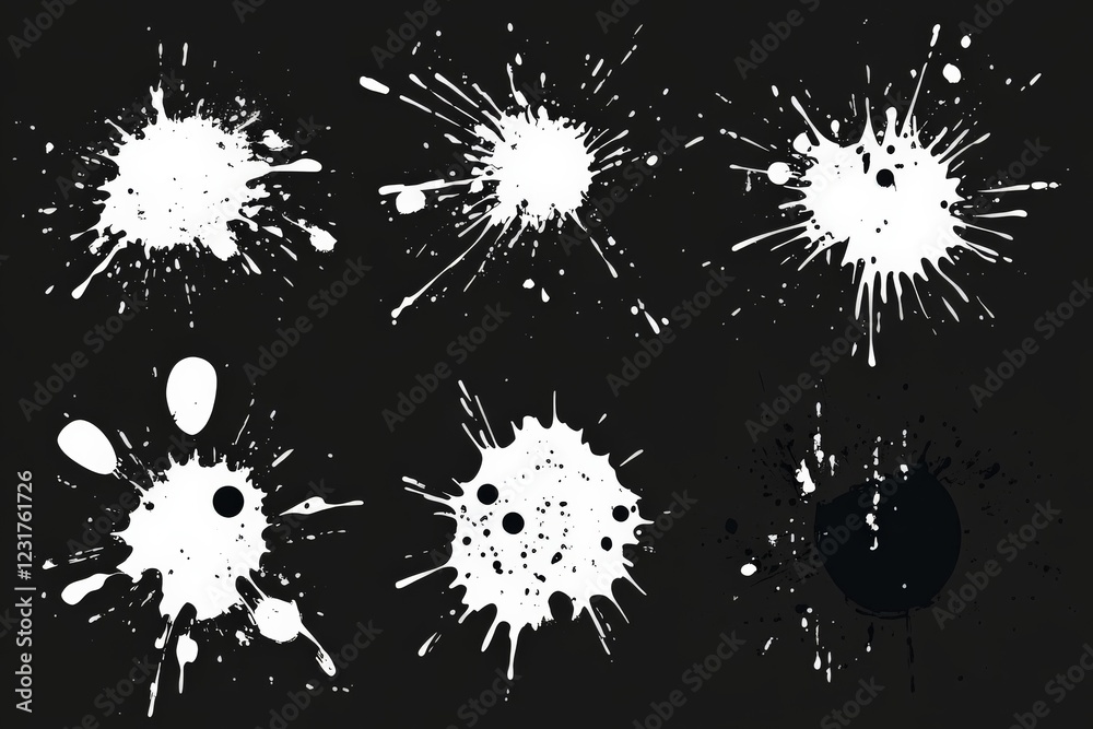 Poster White paint splatters create dynamic patterns on a black background for artistic expression and design elements