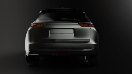 Heckansicht eines kleinen Crossover PKW in eleganter schwarzer Farbe mit Lichtreflexen