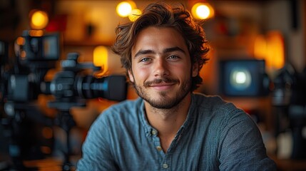 Obraz premium Young man smiling at the camera in a home studio with video recording equipment.