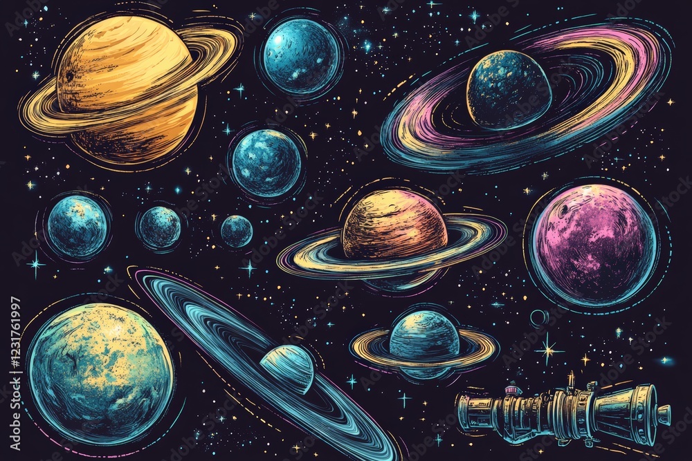 Poster colorful depiction of planets and a telescope in a vibrant cosmic setting