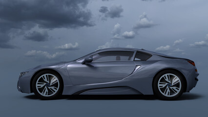 Blauer Elektrosportwagen vor einer Wolkenkulisse