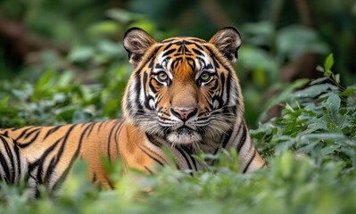 Fototapeta premium A tiger is laying in the grass with its eyes closed