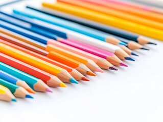 Fototapeta premium Colorful office supplies on a desk with sticky notes, pencils, and a laptop in a bright and organized workspace.