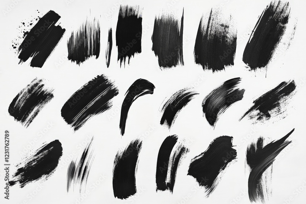 Aufkleber Black paint strokes create a dynamic collection of artistic expressions on a white background showcasing various brush techniques
