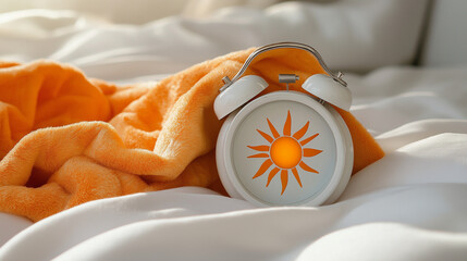 Cozy morning scene with white alarm clock and croissants on bedding. Perfect for breakfast in bed concepts, hotel services, and lifestyle content.
