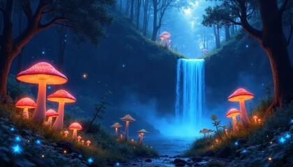 Enchanting Night Waterfall Scene with Glowing Mushrooms in Magical Forest