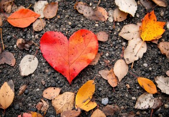A heart made of leaves is on the ground