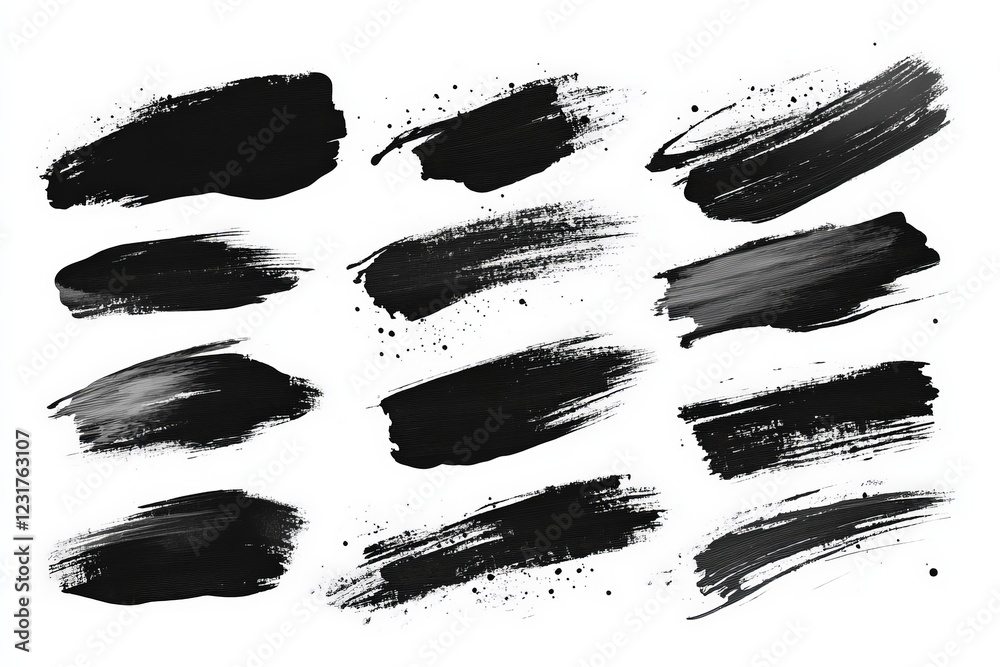 Poster Black brush strokes arranged in a dynamic pattern on a white background showcasing various artistic textures and styles