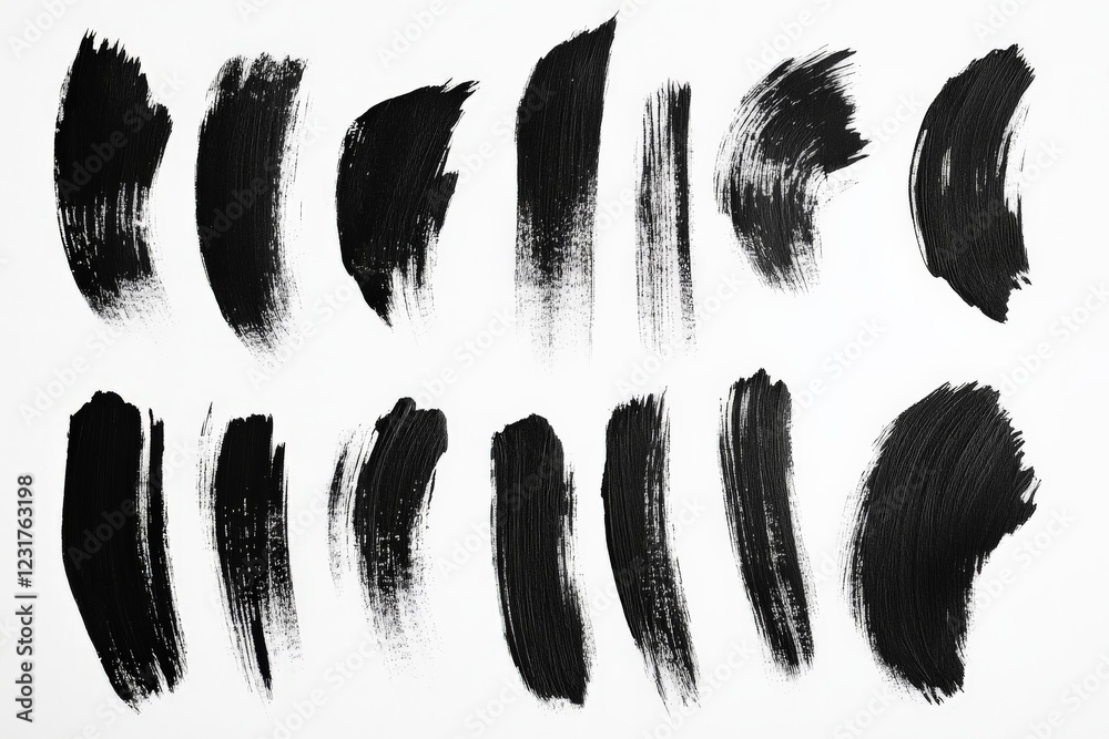 Aufkleber Black paint strokes arranged in various patterns on a white background showcasing artistic techniques and textures