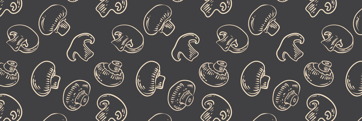 Pattern of slices and whole champignons mushrooms in different angles drawn by hand. Vector sketches mushrooms on black background. © Natali