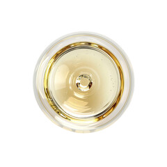 Top view of a glass of sparkling white wine with golden hues, isolated on a white background, perfect for celebrations and events.
