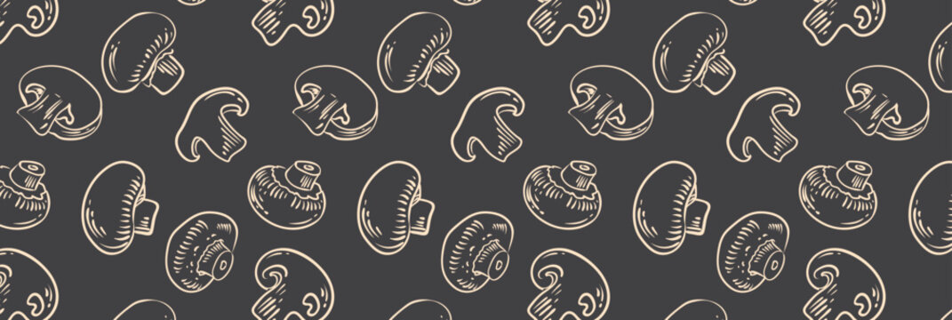 Pattern of slices and whole champignons mushrooms in different angles drawn by hand. Vector sketches mushrooms on black background.