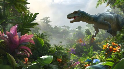 Lush Tropical Jungle Scene with Dinosaurs Roaming Among Vibrant Flora and Colorful Flowers