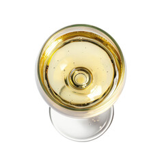 Top view of a glass of white wine, highlighting its golden hues and clarity. Perfect for culinary, beverage, and lifestyle concepts.