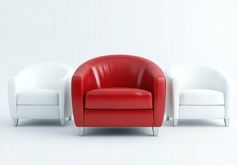 Three chairs are arranged in a row, with a red chair in the middle