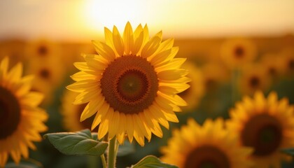 Obraz premium Vibrant Sunflower Field at Golden Hour Summer Blooms Nature Photography