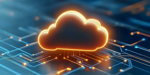 A glowing cloud symbol over a circuit board background, representing cloud computing and digital technology. Concept Cloud Computing Concept, Digital Technology Visualization, Circuit Board Design