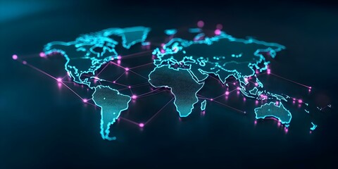 A digital world map with glowing blue and purple lines representing connections and networks across continents. Concept Digital World Map, Glowing Connections, Blue and Purple Lines, Global Networks