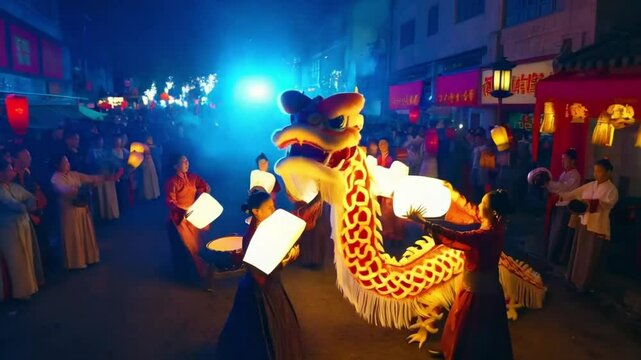 A Zodiac Snake elegantly intertwined with a Chinese dragon dance performance. seamless looping time-lapse virtual 4k video animation background