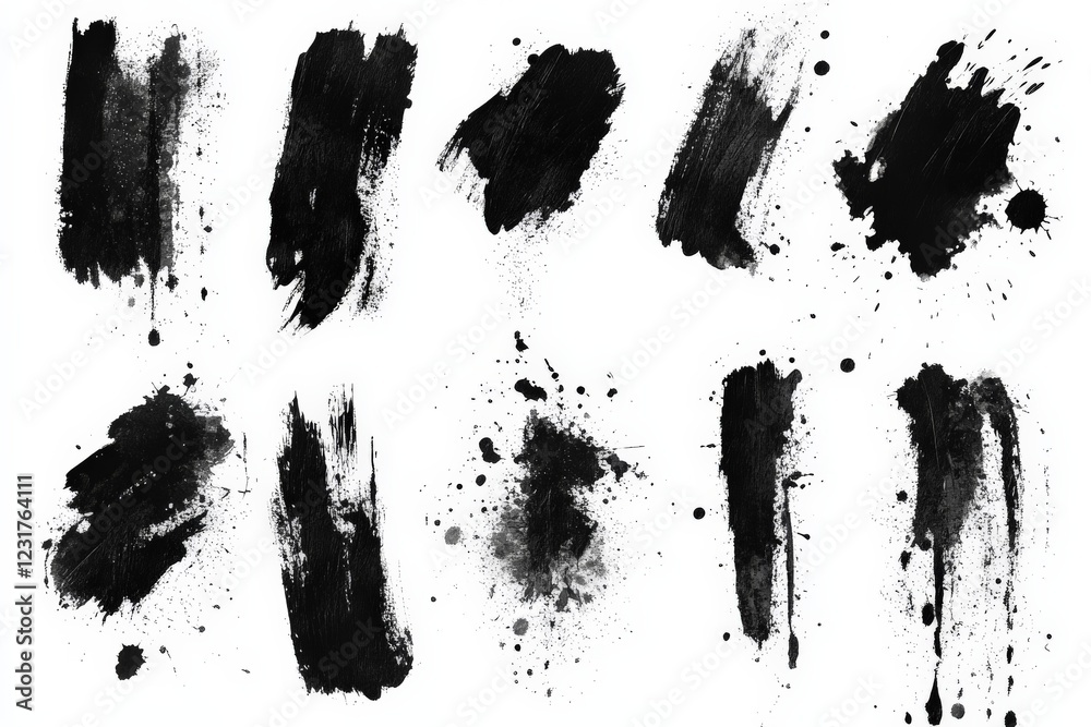 Poster Black paint strokes and splashes create a textured backdrop for art projects and graphic designs