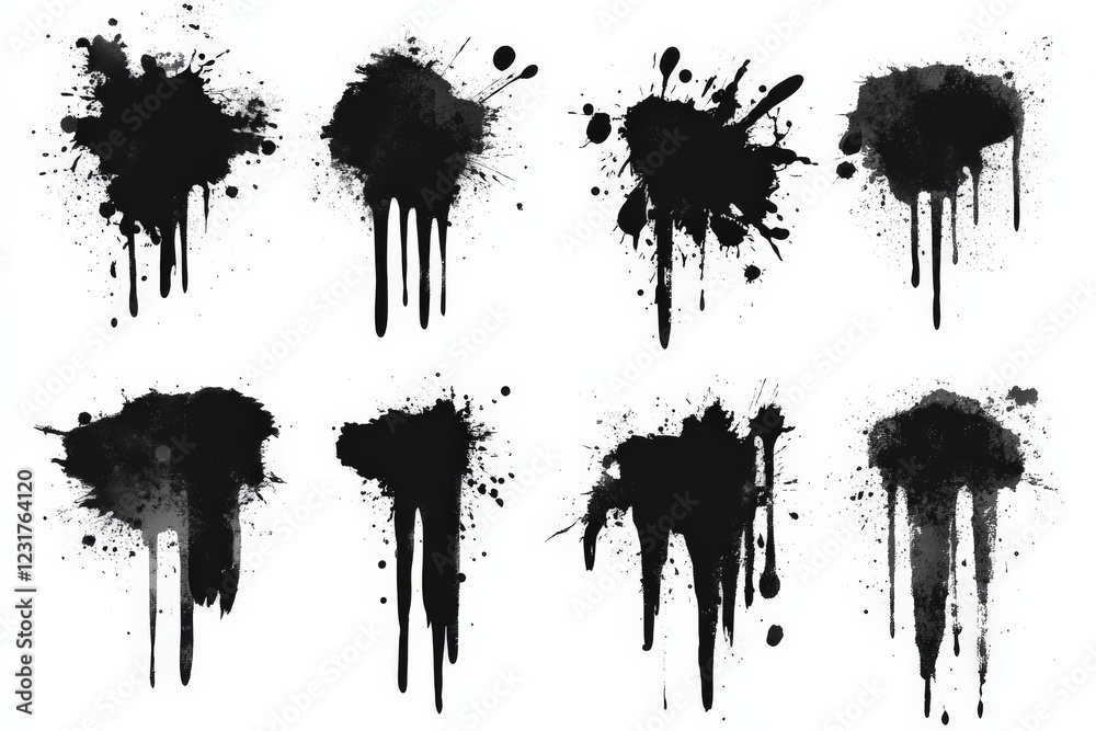 Poster variety of splattered black ink stains against a white background showcasing different shapes and si