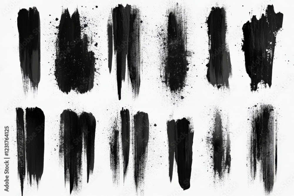 Poster Unique black paint brush strokes creating abstract patterns on a white background for design inspiration and creative projects