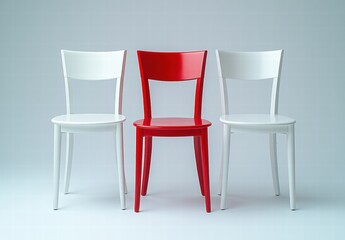 Three chairs are arranged in a row, with one red and two white