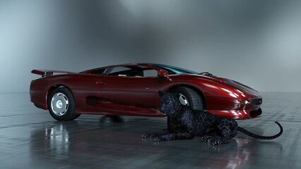 Roter Sportwagen mit schwarzem Panther als Kraftsymbol im Vordergrund