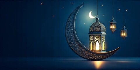 Fototapeta premium Elegant Islamic Lanterns and Crescent Moon Under a Starry Night Ramadan Kareem Spiritual Background
