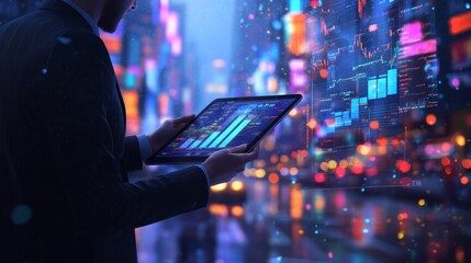 Businessman Analyzing Financial Data, Cityscape With Digital Charts and Graphs Overlay, Illustration