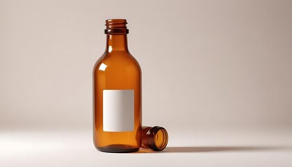 Amber Glass Bottle with Blank Label and Separate Cap on White Background