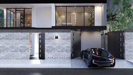 Elektrofahrzeug parkt vor einem modernen Wohngeb&auml;ude