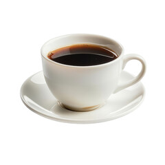 White ceramic cup filled with hot black coffee on a matching saucer, isolated on white background.