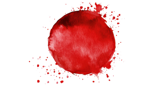 Bright red watercolor circle with splatter on transparent background