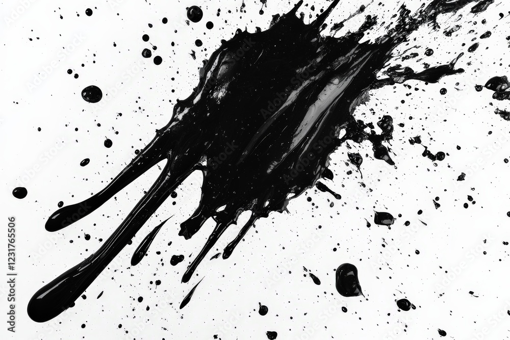 Aufkleber Black paint splatter creates dynamic texture against a white background for artistic expression and creativity