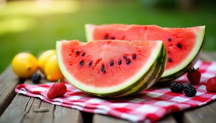 Juicy Watermelon Slices with Berries and Lemons on a Picnic Blanket Outdoors