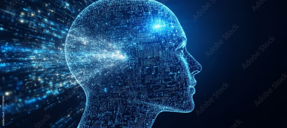 Poster abstract, ai. human head side view formed with circuit boards and streams of binary code.