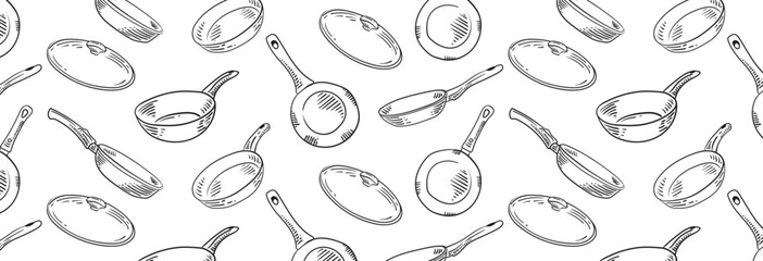 Pattern with Frying pan for cooking. Seamless background how  sketch for restaurant or diner menu. Vector kitchenware drawn with black lines by hand.