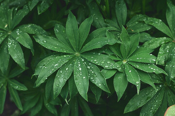 Lush green leaves adorned with water droplets after a refreshing rain in a serene garden setting
